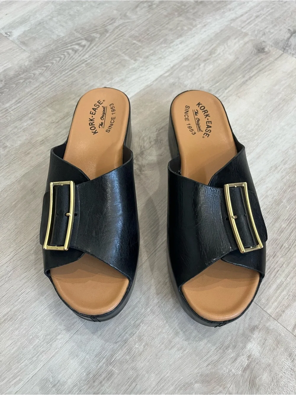 Kork-Ease York Black Leather Platform Slide Sandals 9 New NWOB Comfort Quiet Lux